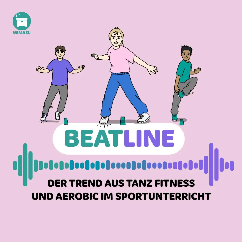 Beatline – Tanzen, Fitness und Aerobic im Sportunterricht: drei Kinder tanzen und springen über eine Beatline auf dem Hallenboden
