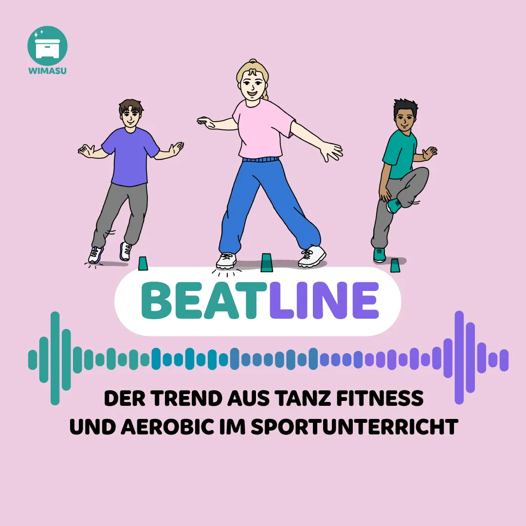 Beatline – Tanzen, Fitness und Aerobic im Sportunterricht: drei Kinder tanzen und springen über eine Beatline auf dem Hallenboden